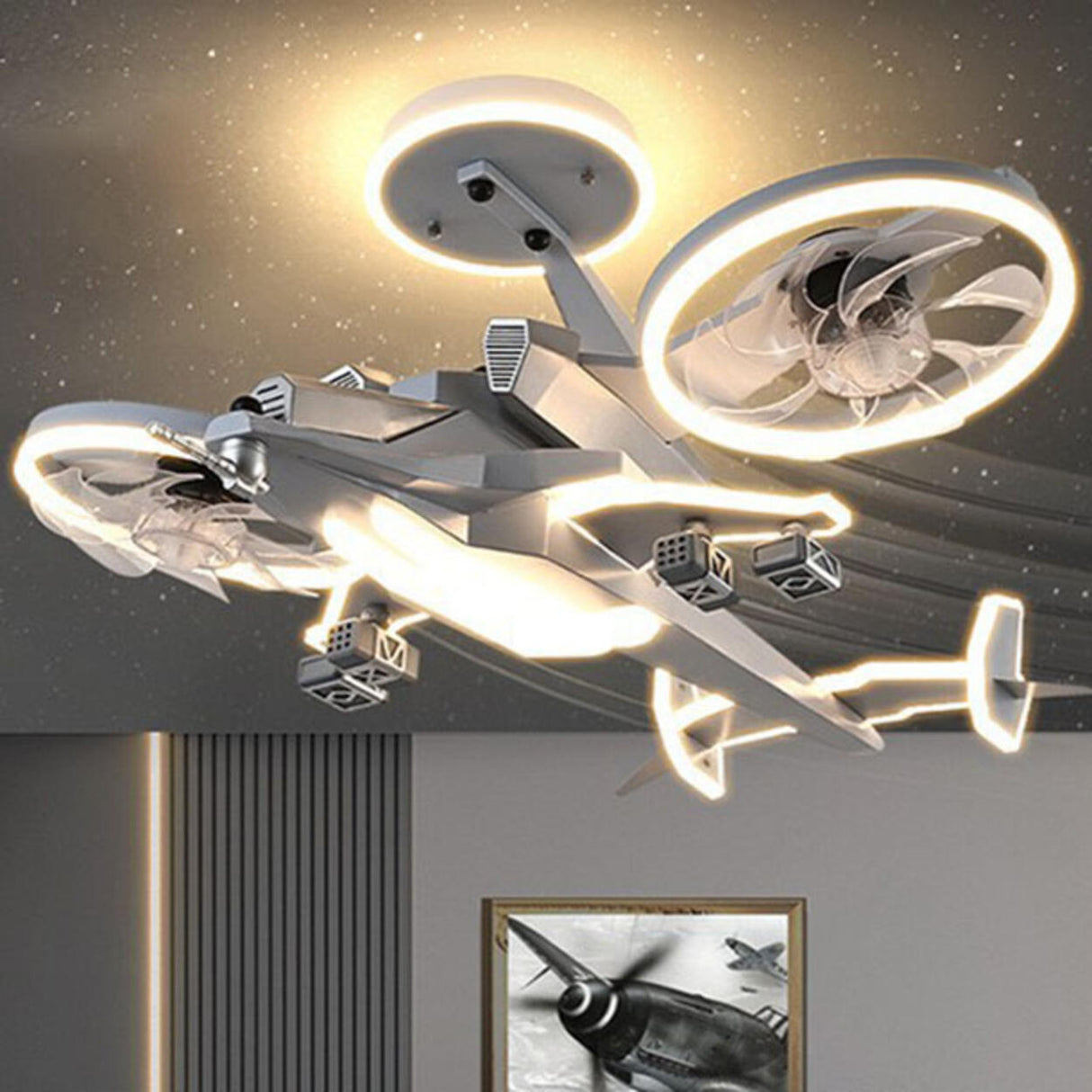 Kids Room LED Creative Gray Airplane Ceiling Fan Light Image - 1