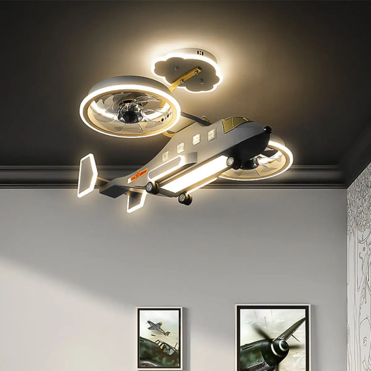 Kids Room LED Creative Helicopter Ceiling Fan Light Image - 4