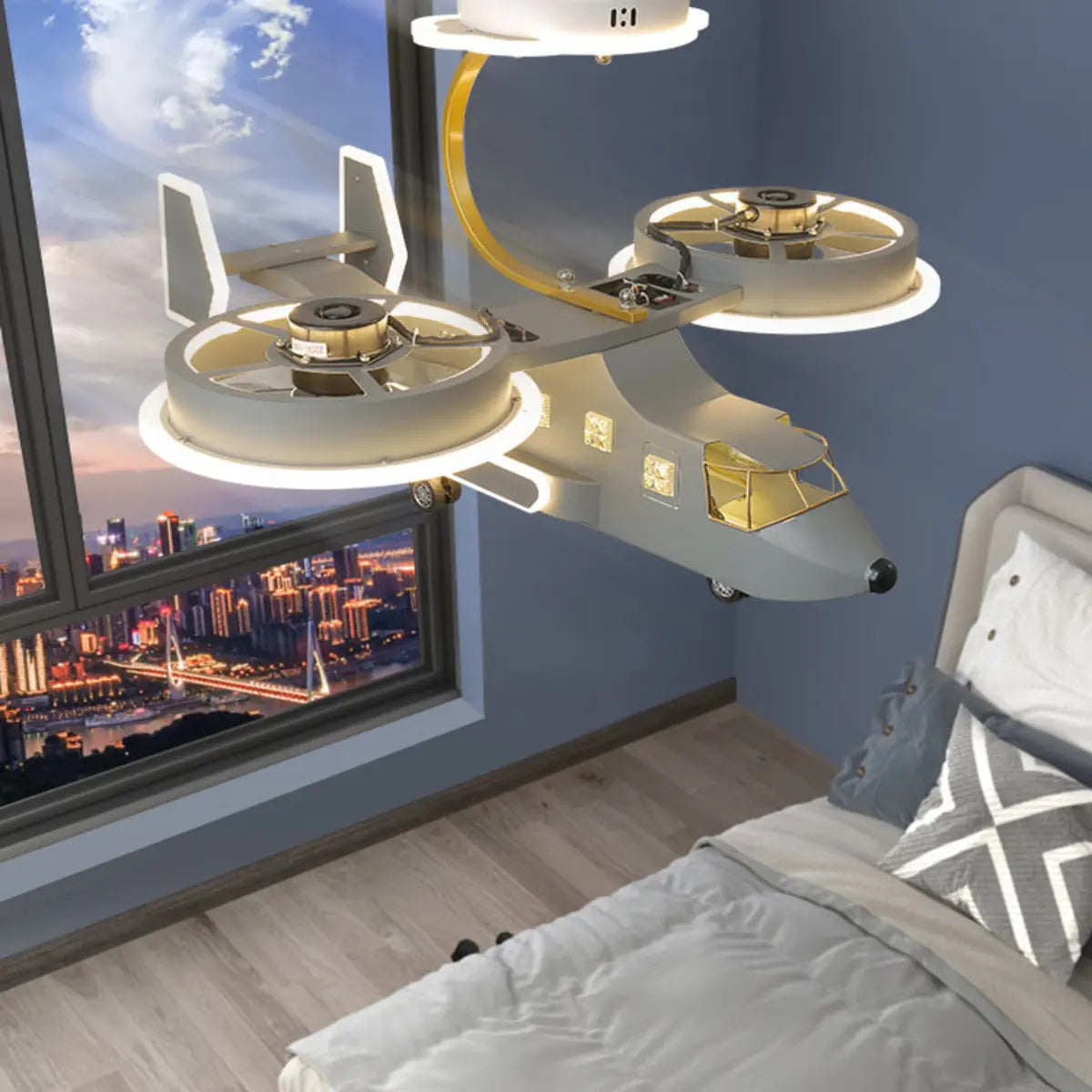 Kids Room LED Creative Helicopter Ceiling Fan Light Image - 5