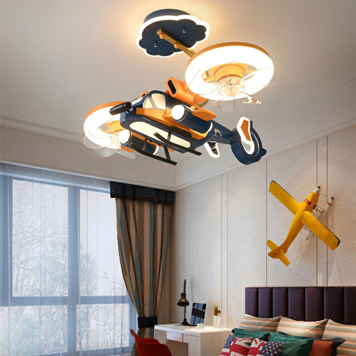 Kids Room LED Remote Aircraft Ceiling Fan with Light Image - 3