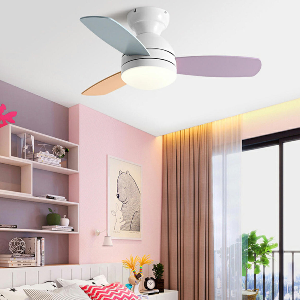 Kids Room Mini 3 Wood Blade Flush Ceiling Fan Light Image - 15