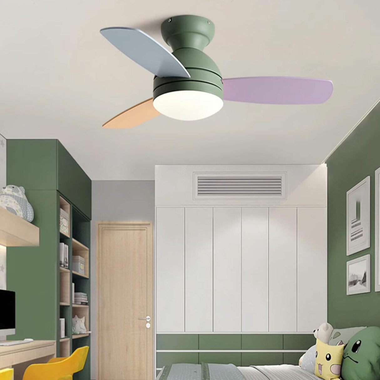 Kids Room Mini 3 Wood Blade Flush Ceiling Fan Light Image - 16