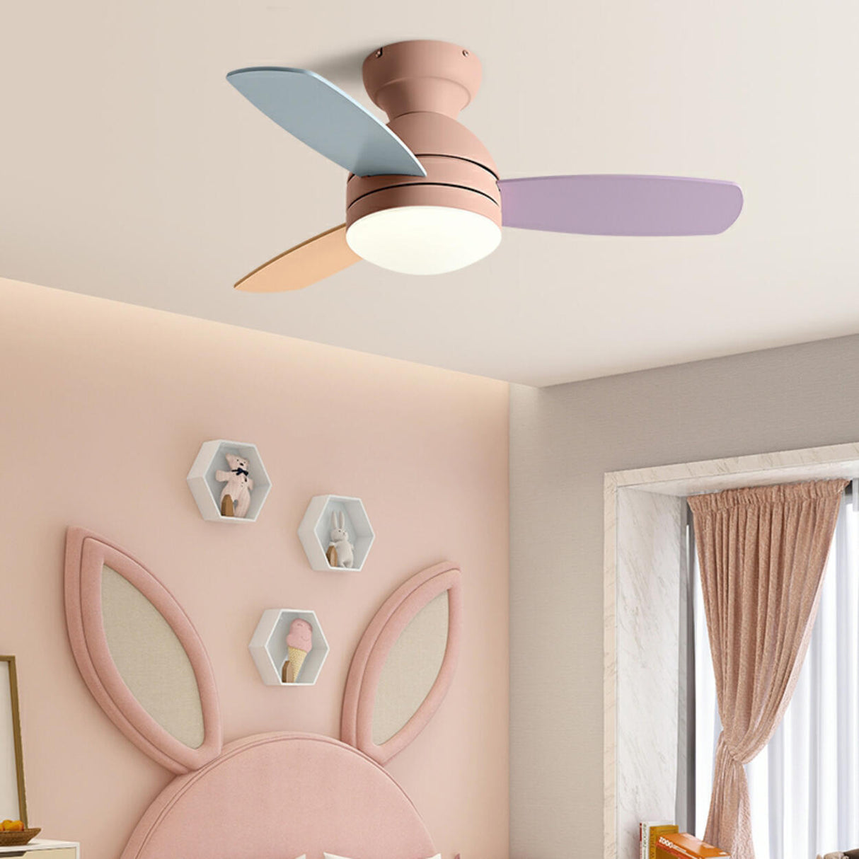 Kids Room Mini 3 Wood Blade Flush Ceiling Fan Light Image - 3