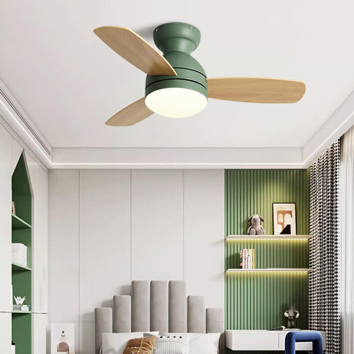 Kids Room Mini 3 Wood Blade Flush Ceiling Fan Light Image - 4