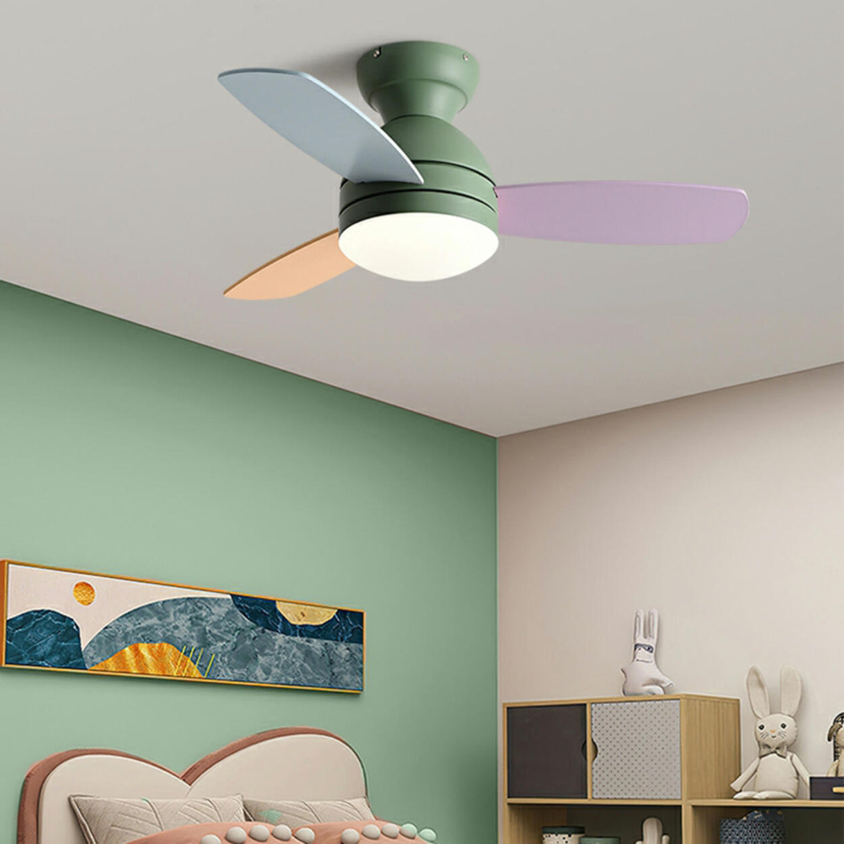 Kids Room Mini 3 Wood Blade Flush Ceiling Fan Light Image - 5