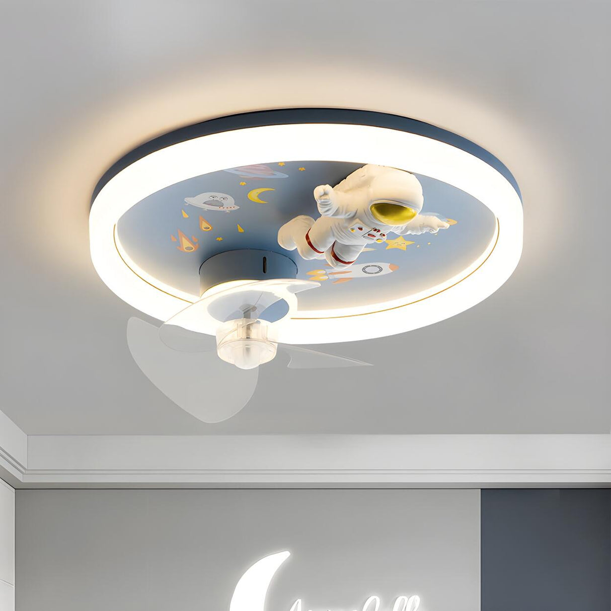 Kids Room Modern Blue Astronaut LED Ceiling Fan Light Image - 4