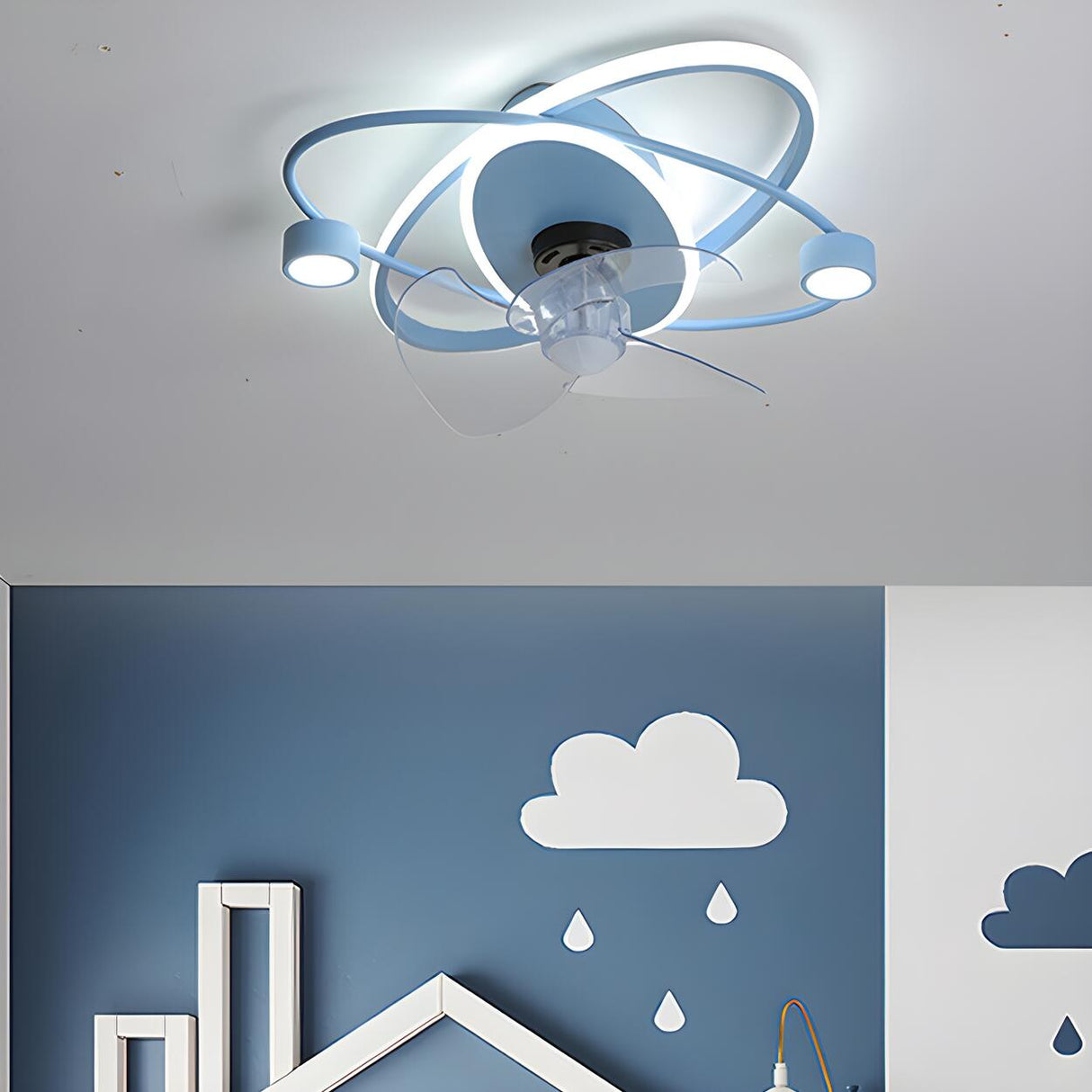 Kids Room Modern Blue Ring Track Ceiling Fan with Light Image - 1