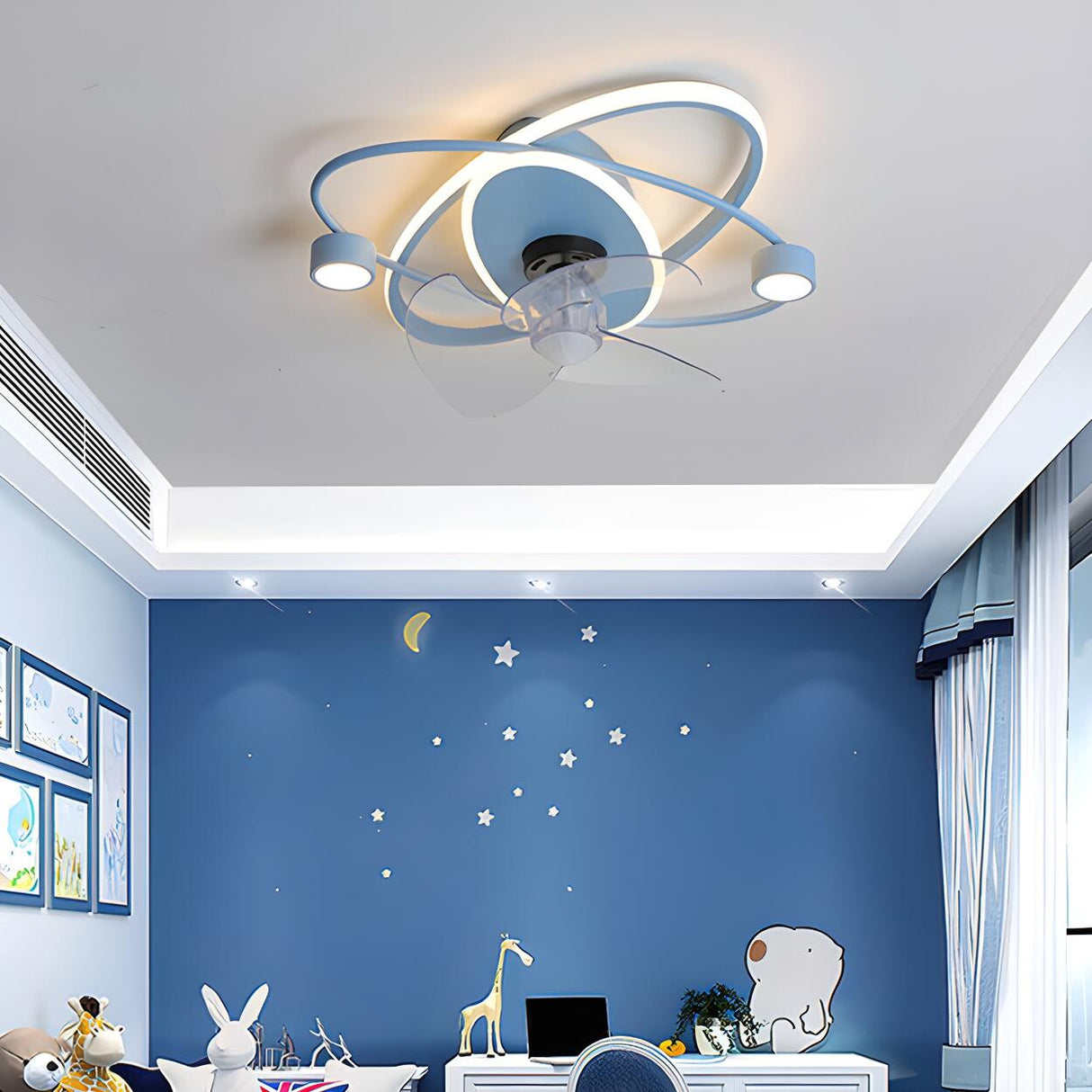 Kids Room Modern Blue Ring Track Ceiling Fan with Light Image - 2