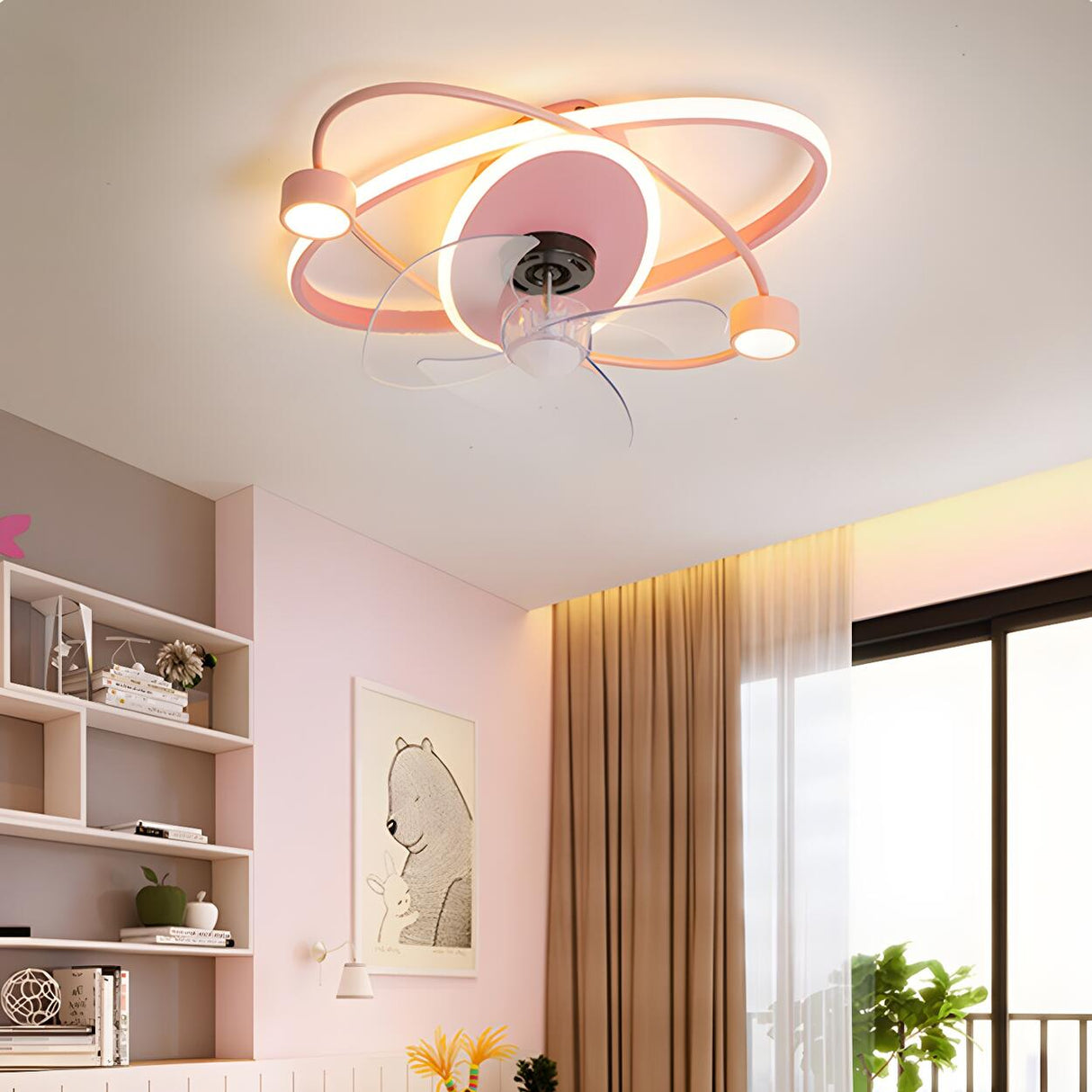 Kids Room Modern Blue Ring Track Ceiling Fan with Light Image - 3