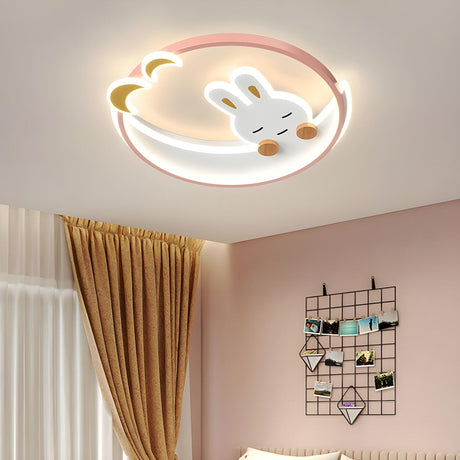 Kids Room Pink Bunny Moon Dimmable LED Flush Mount Lamp Image - 1