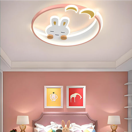 Kids Room Pink Bunny Moon Dimmable LED Flush Mount Lamp Image - 2