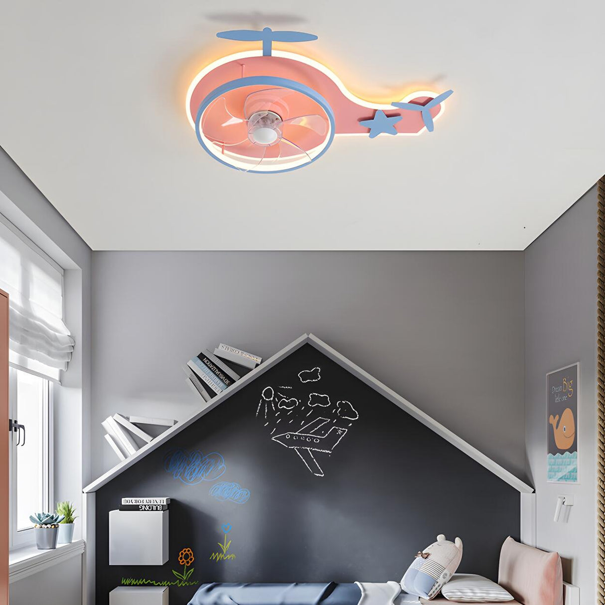 Kids Room Pink Cartoon Helicopter Ceiling Fan Light Image - 13