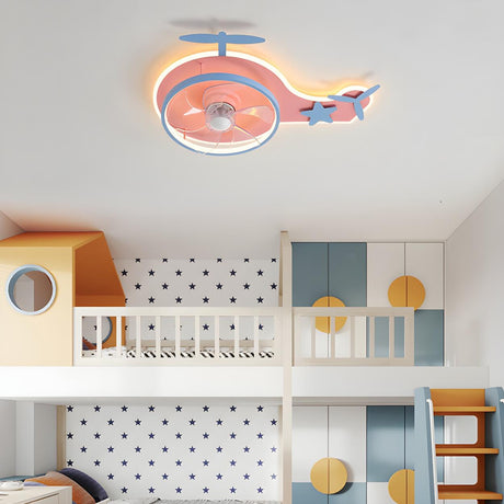 Kids Room Pink Cartoon Helicopter Ceiling Fan Light Image - 2