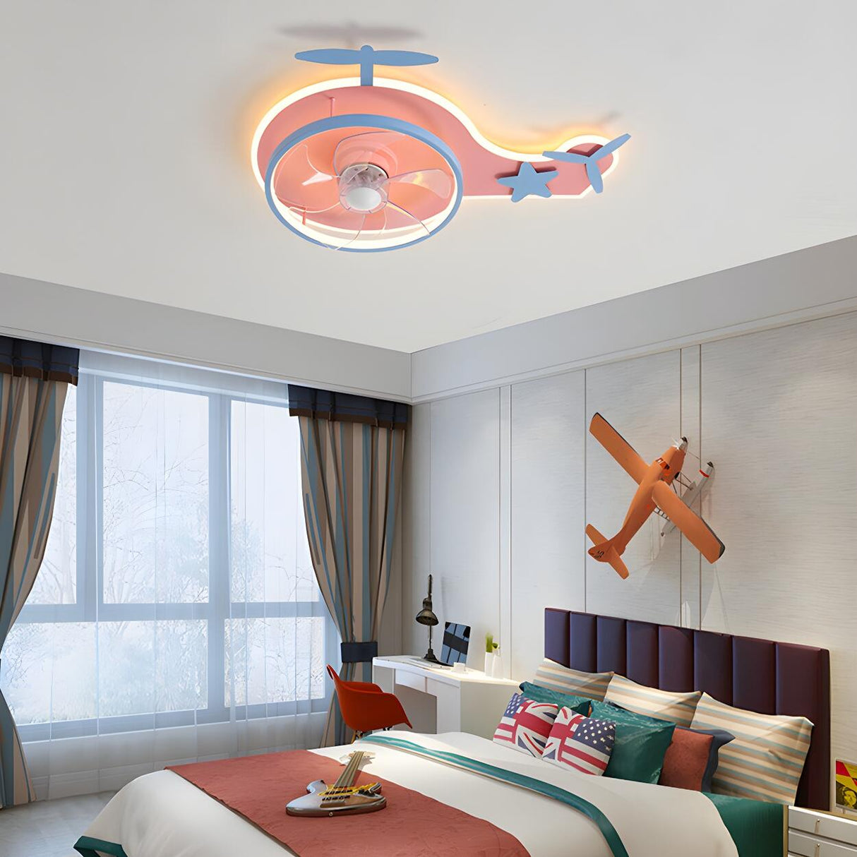 Kids Room Pink Cartoon Helicopter Ceiling Fan Light Image - 3