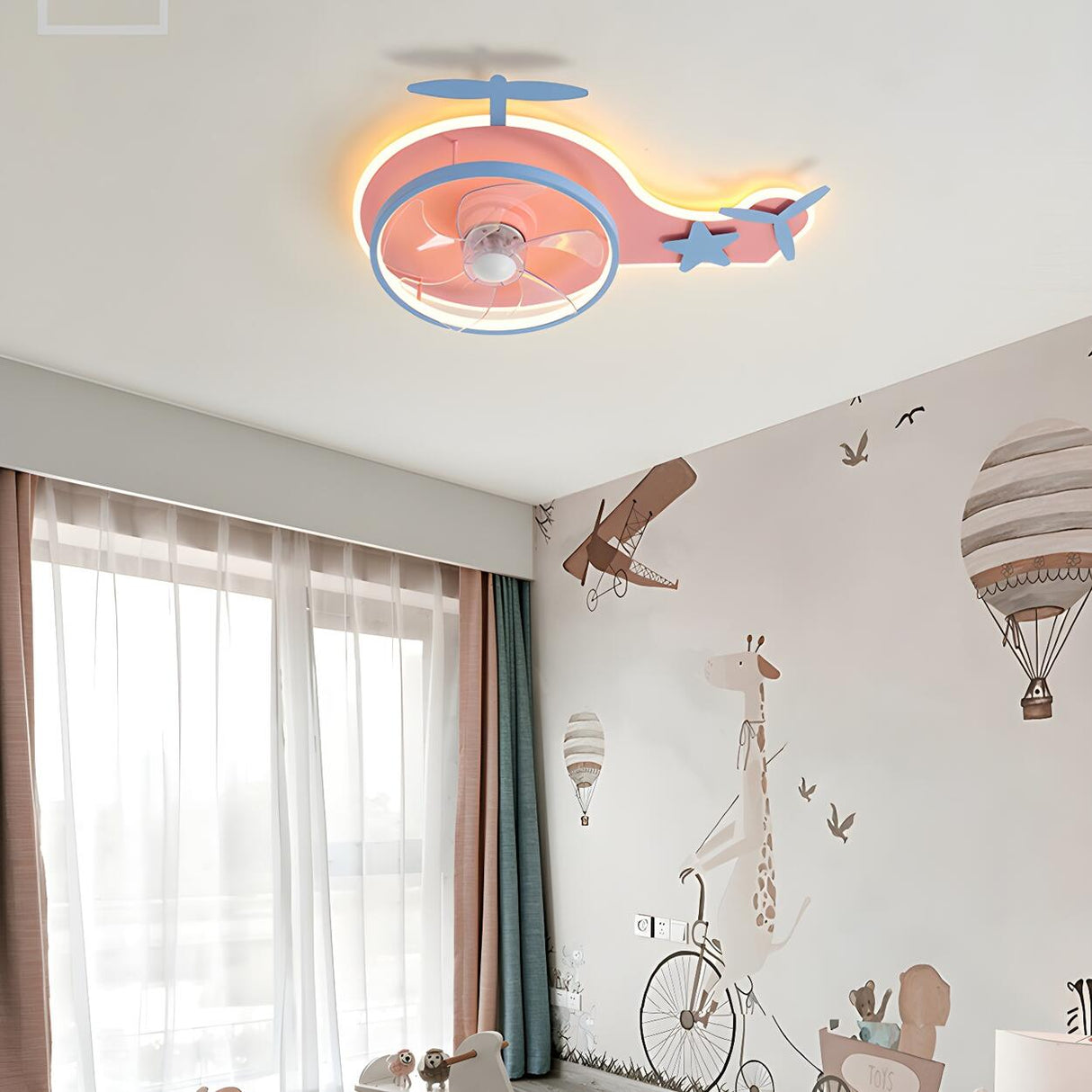 Kids Room Pink Cartoon Helicopter Ceiling Fan Light Image - 4