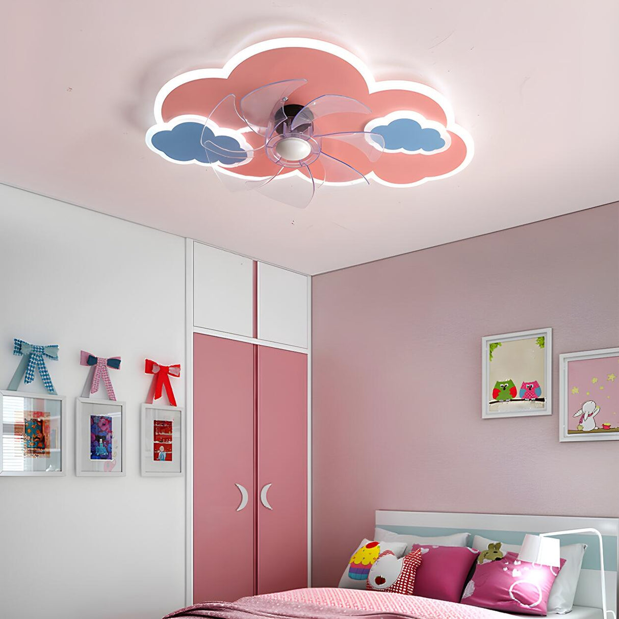 Kids Room Pink Cartoon Whale Ceiling Fan with Light Image - 13