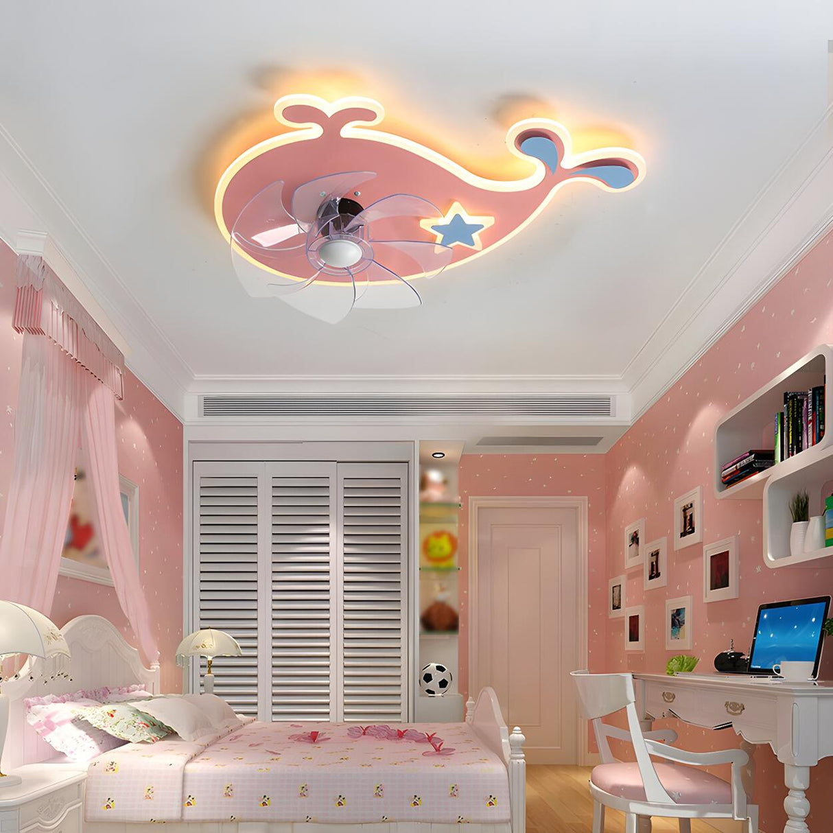 Kids Room Pink Cartoon Whale Ceiling Fan with Light Image - 15