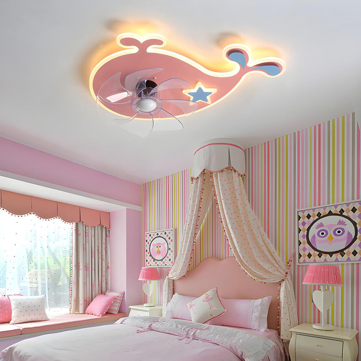 Kids Room Pink Cartoon Whale Ceiling Fan with Light Image - 5