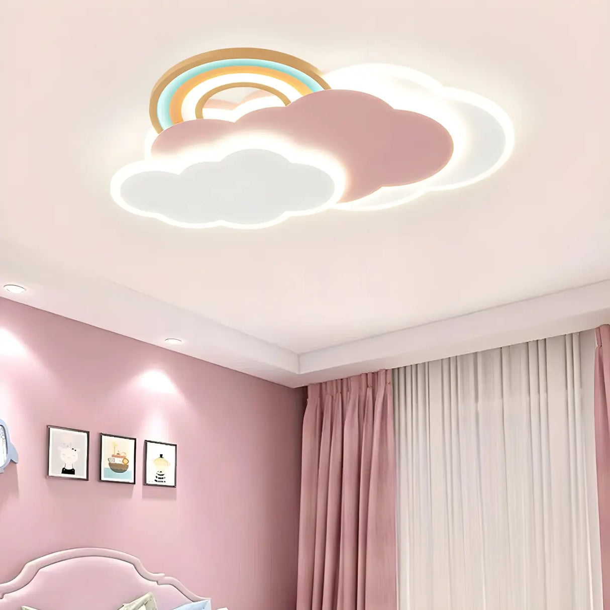 Kids Room Pink Cloud Rainbow LED Flush Mount Light Image - 12