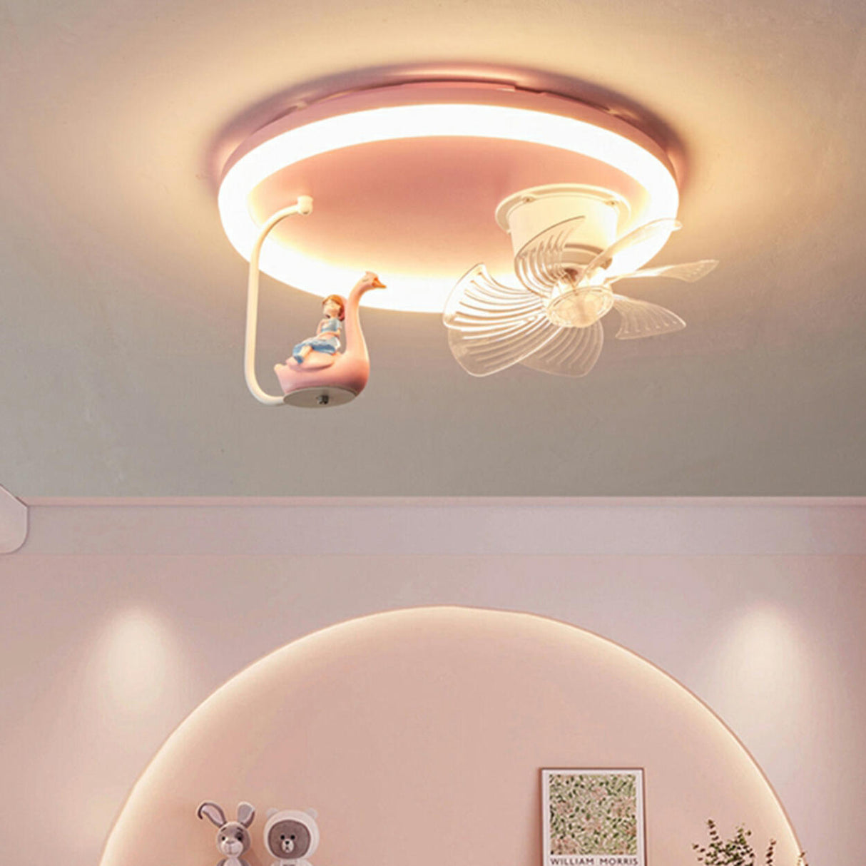 Kids Room Pink Cute Round Ceiling Fan with LED Light Image - 11