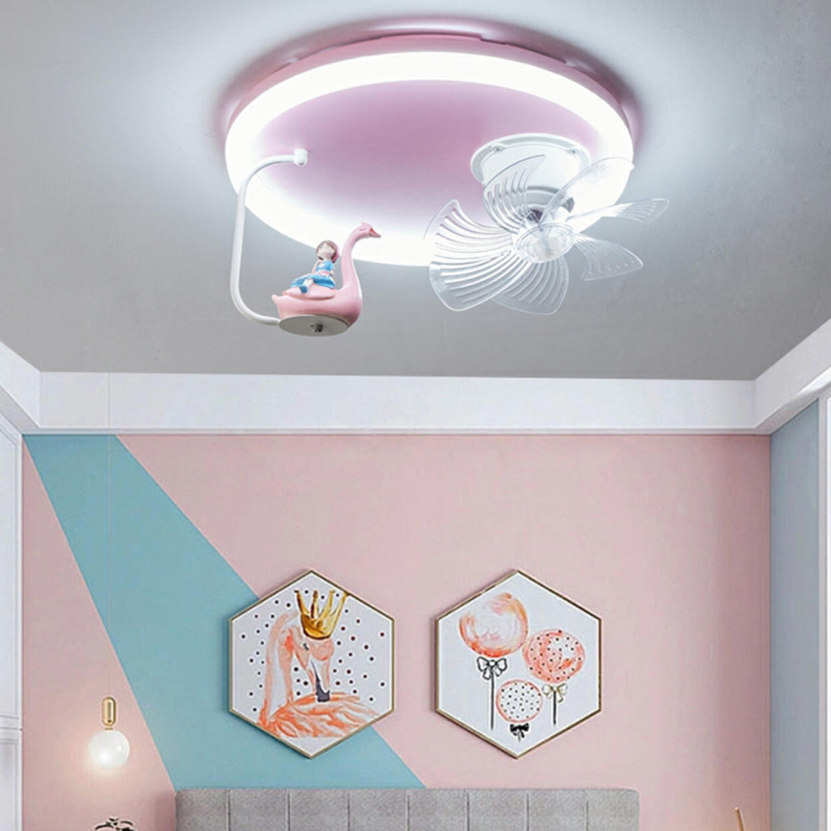 Kids Room Pink Cute Round Ceiling Fan with LED Light Image - 2