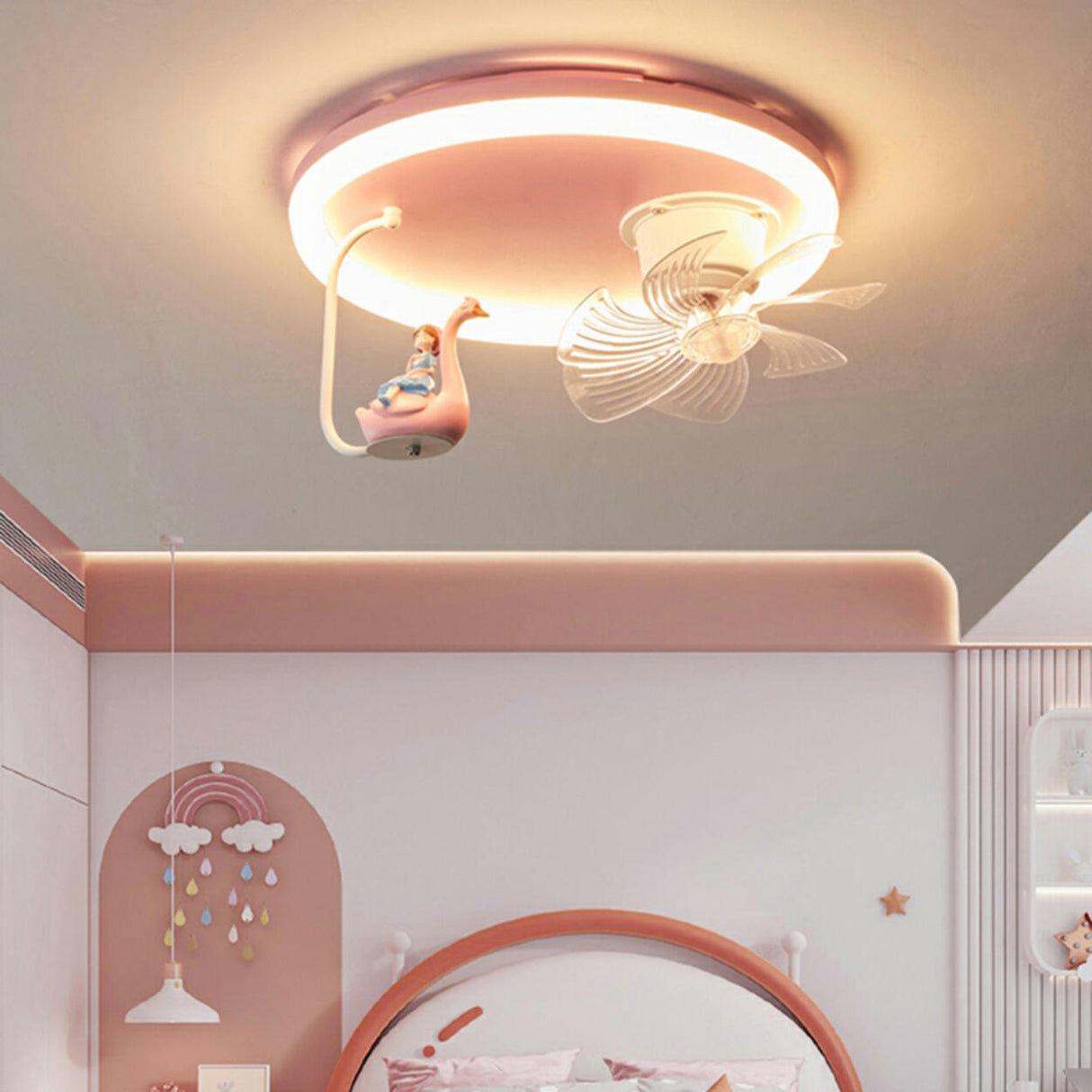 Kids Room Pink Cute Round Ceiling Fan with LED Light Image - 4