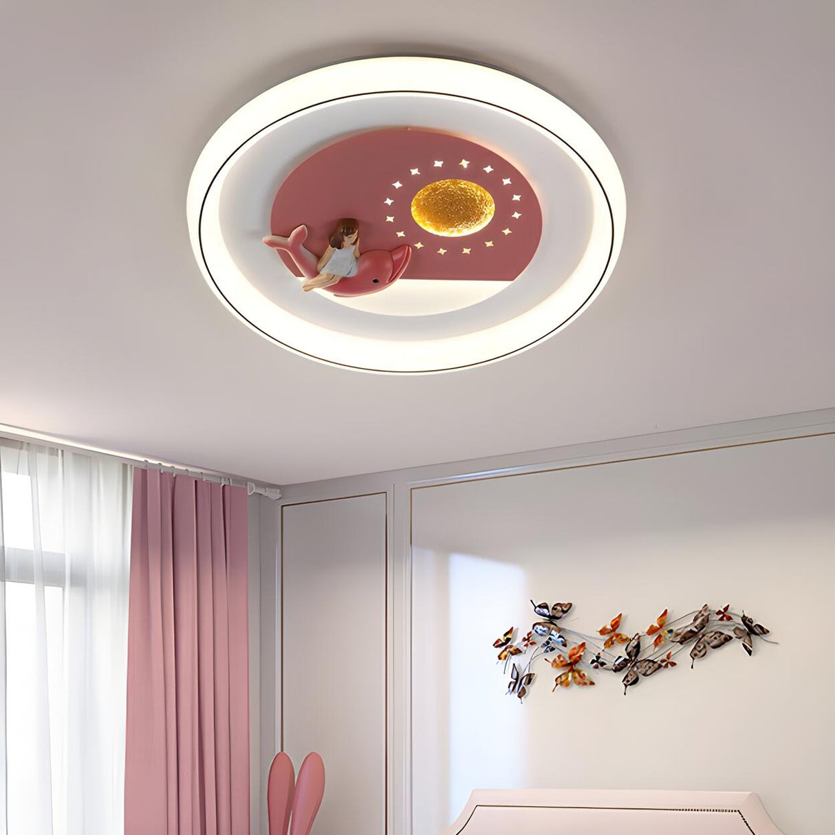 Kids Room Pink Dolphin Round Flush Mount Ceiling Light Image - 1