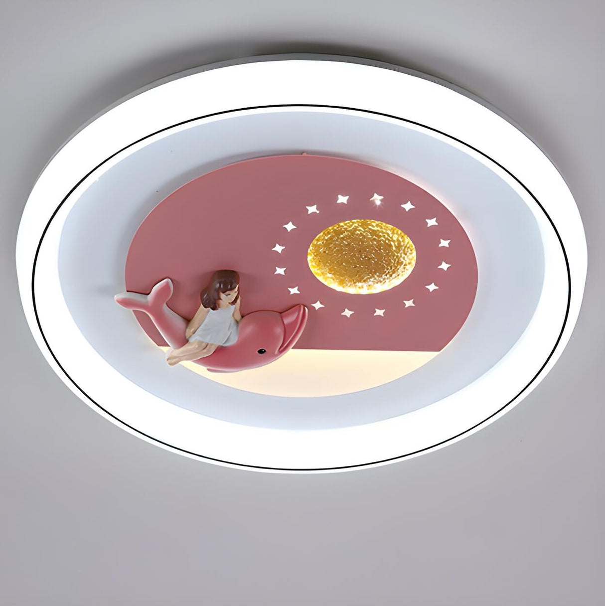 Kids Room Pink Dolphin Round Flush Mount Ceiling Light Image - 10