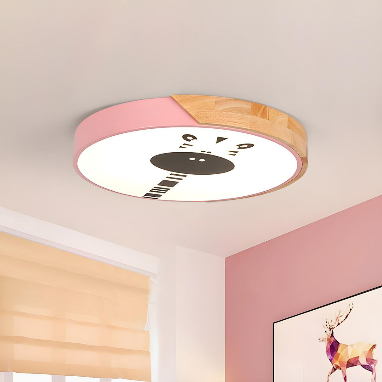 Kids Room Pink Round Giraffe LED Flush Mount Light Image - 1