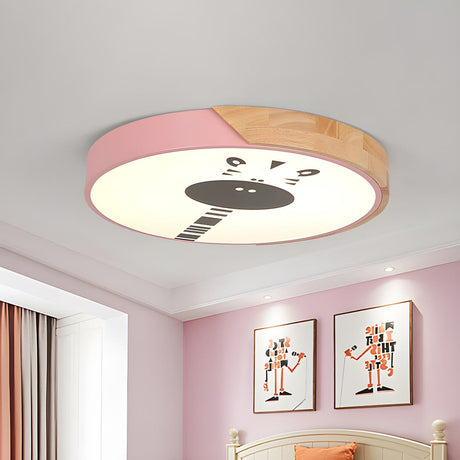 Kids Room Pink Round Giraffe LED Flush Mount Light Image - 2