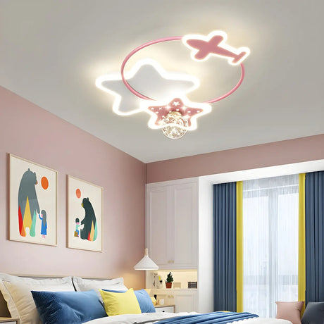 Kids Room Pink Star Airplane LED Flush Mount Light Image - 1