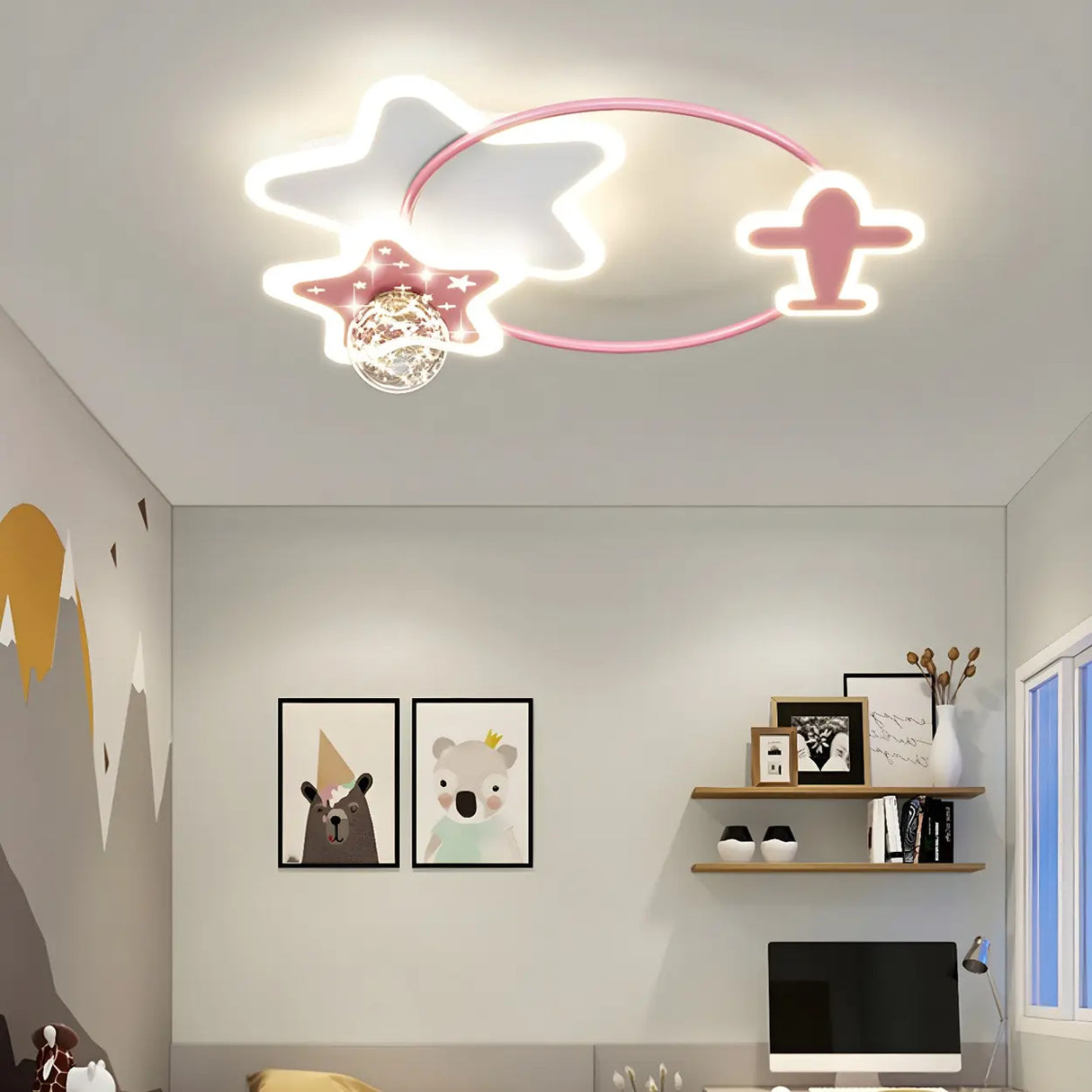 Kids Room Pink Star Airplane LED Flush Mount Light Image - 17