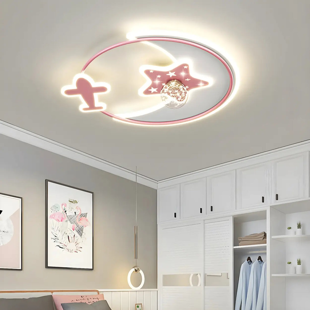 Kids Room Pink Star Airplane LED Flush Mount Light Image - 19