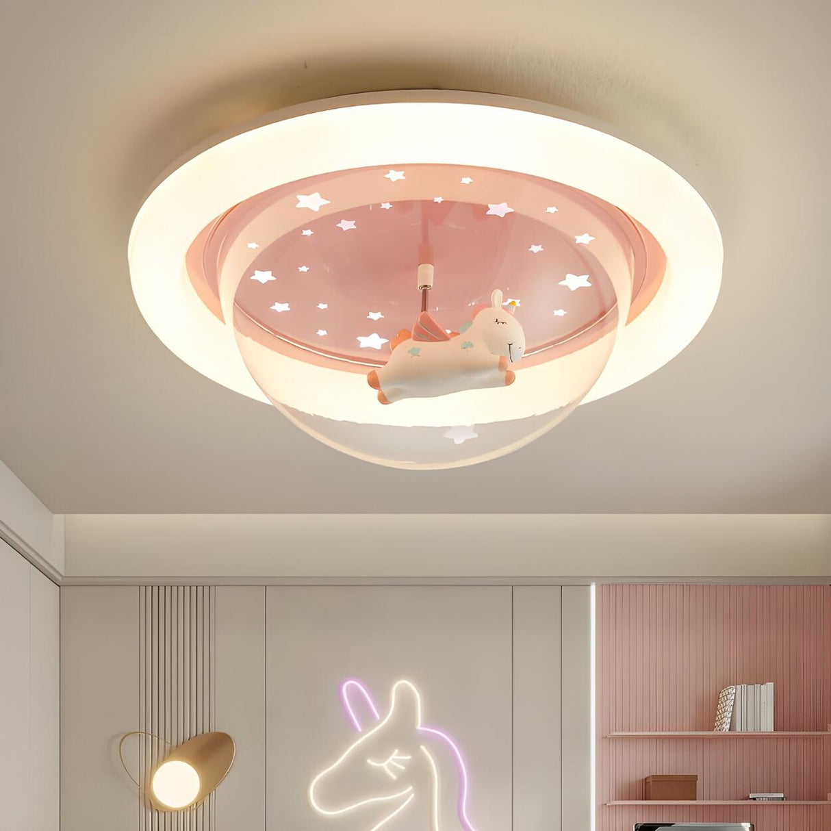 Kids Room Pink Unicorn Round LED Flush Mount Light Image - 3