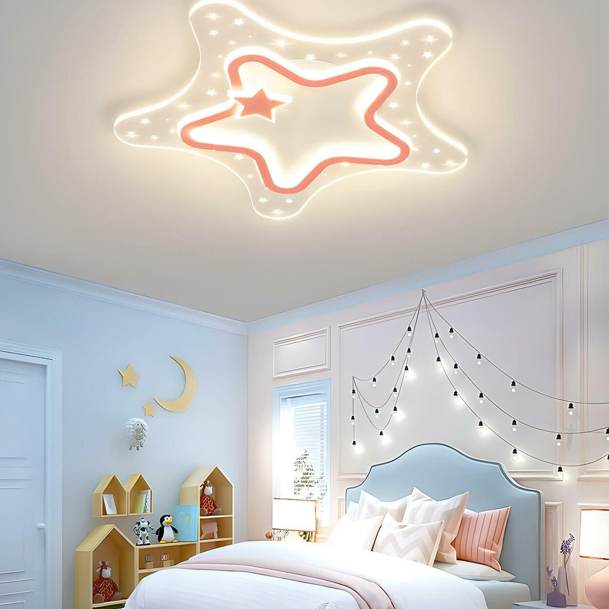 Kids Room Pink White Star Flush Mount Ceiling Light Image - 4