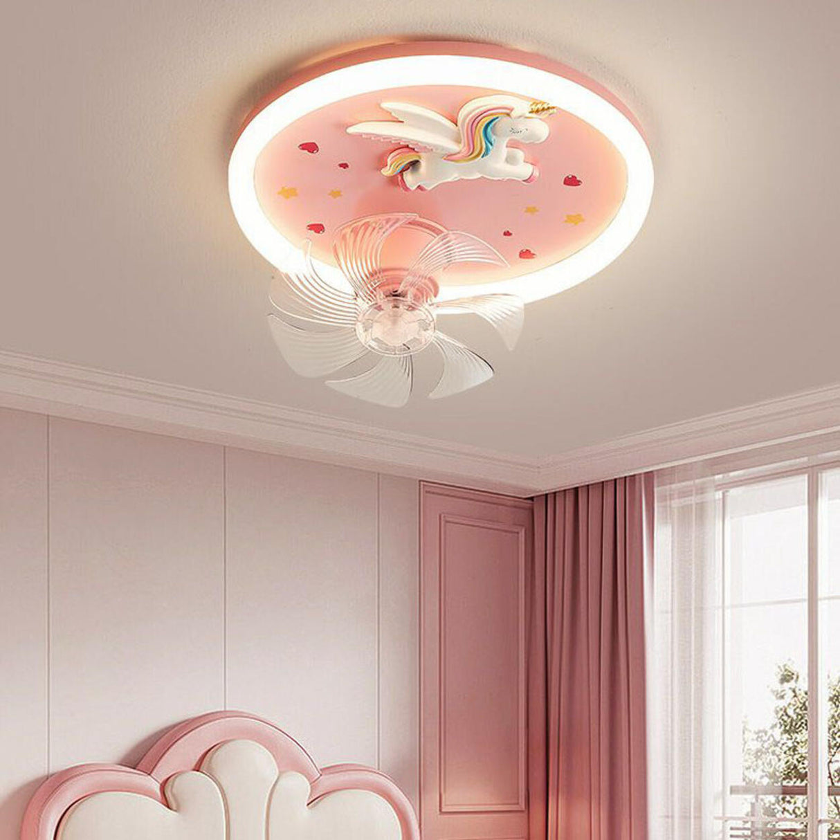 Kids Room Remote Round 7 Blade Unicorn Ceiling Fan Lamp Image - 1