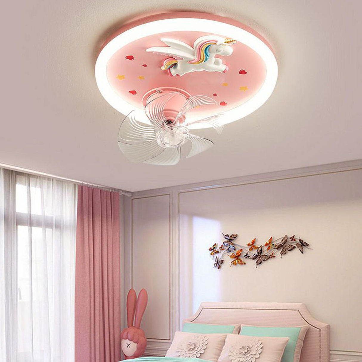 Kids Room Remote Round 7 Blade Unicorn Ceiling Fan Lamp Image - 4