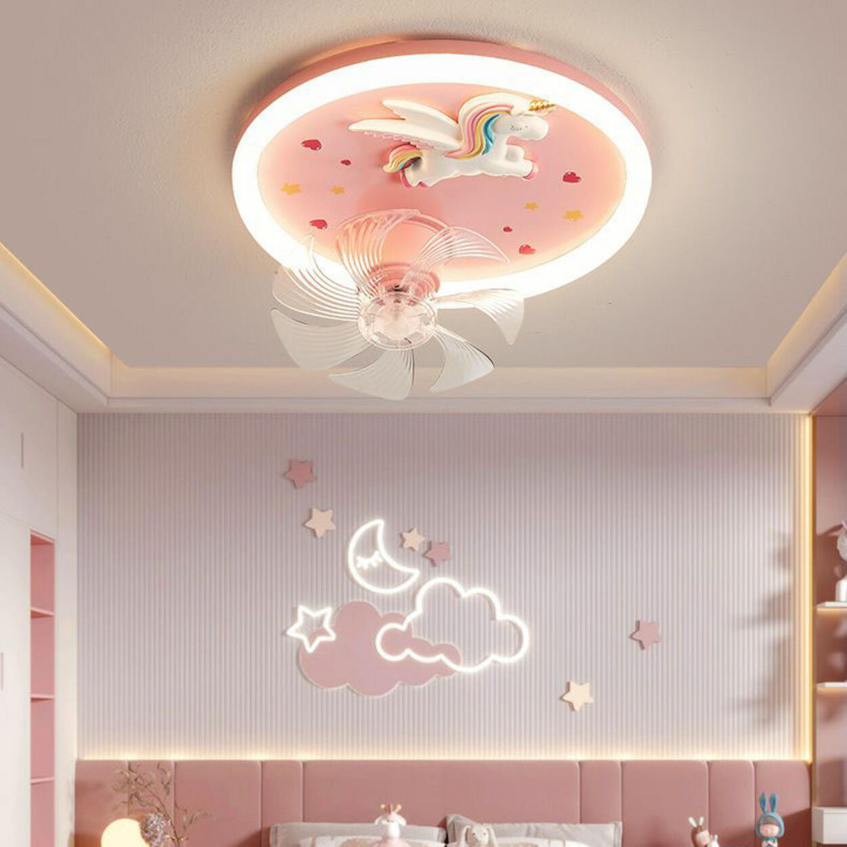 Kids Room Remote Round 7 Blade Unicorn Ceiling Fan Lamp Image - 5