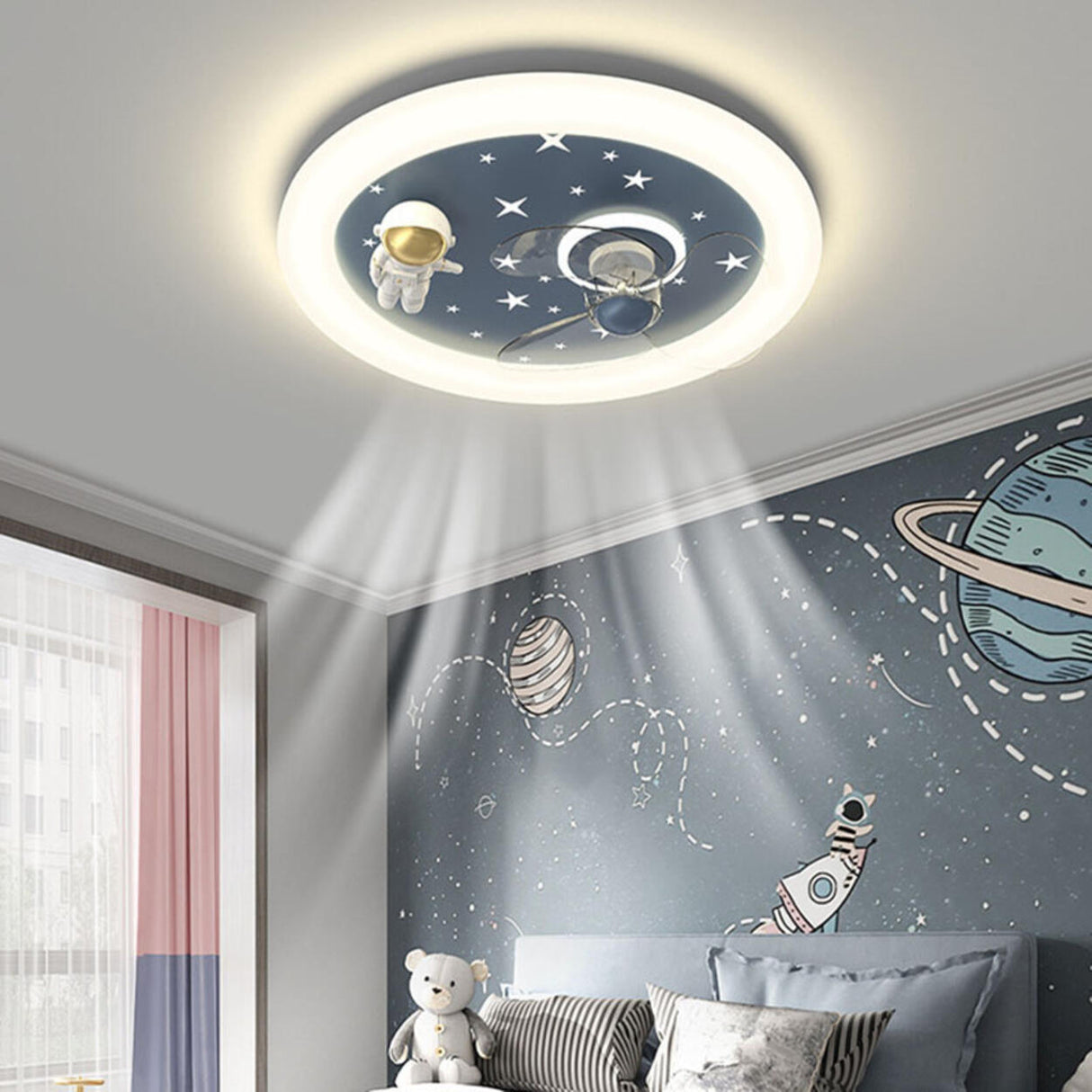 Kids Room Round 3 Blades Astronaut Ceiling Fan Light Image - 2