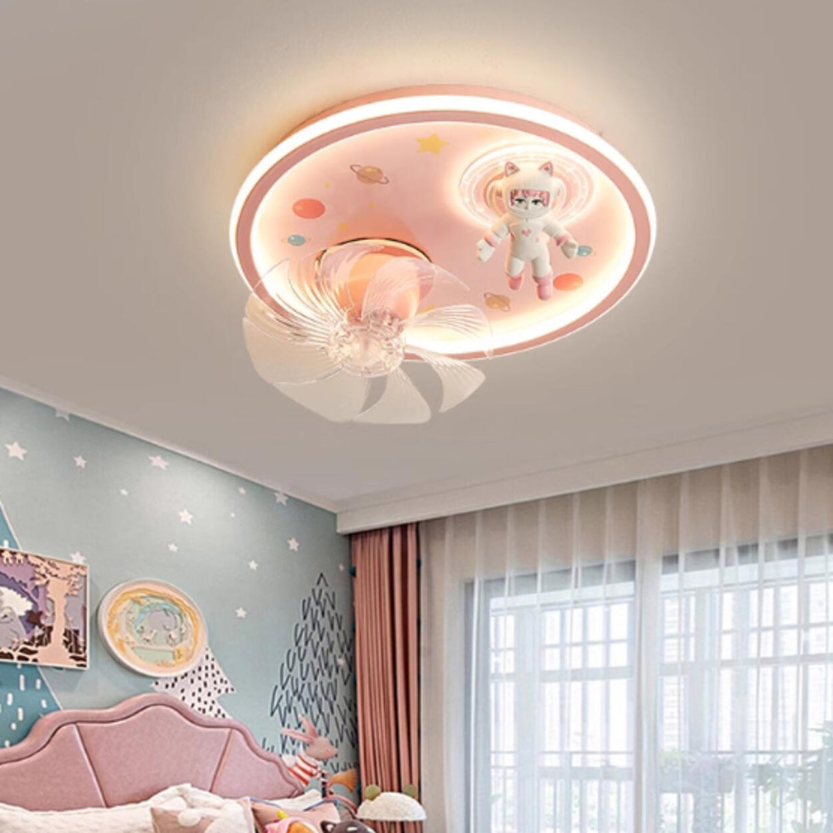 Kids Room Round 8-Blade Space Themed Ceiling Fan Light Image - 3