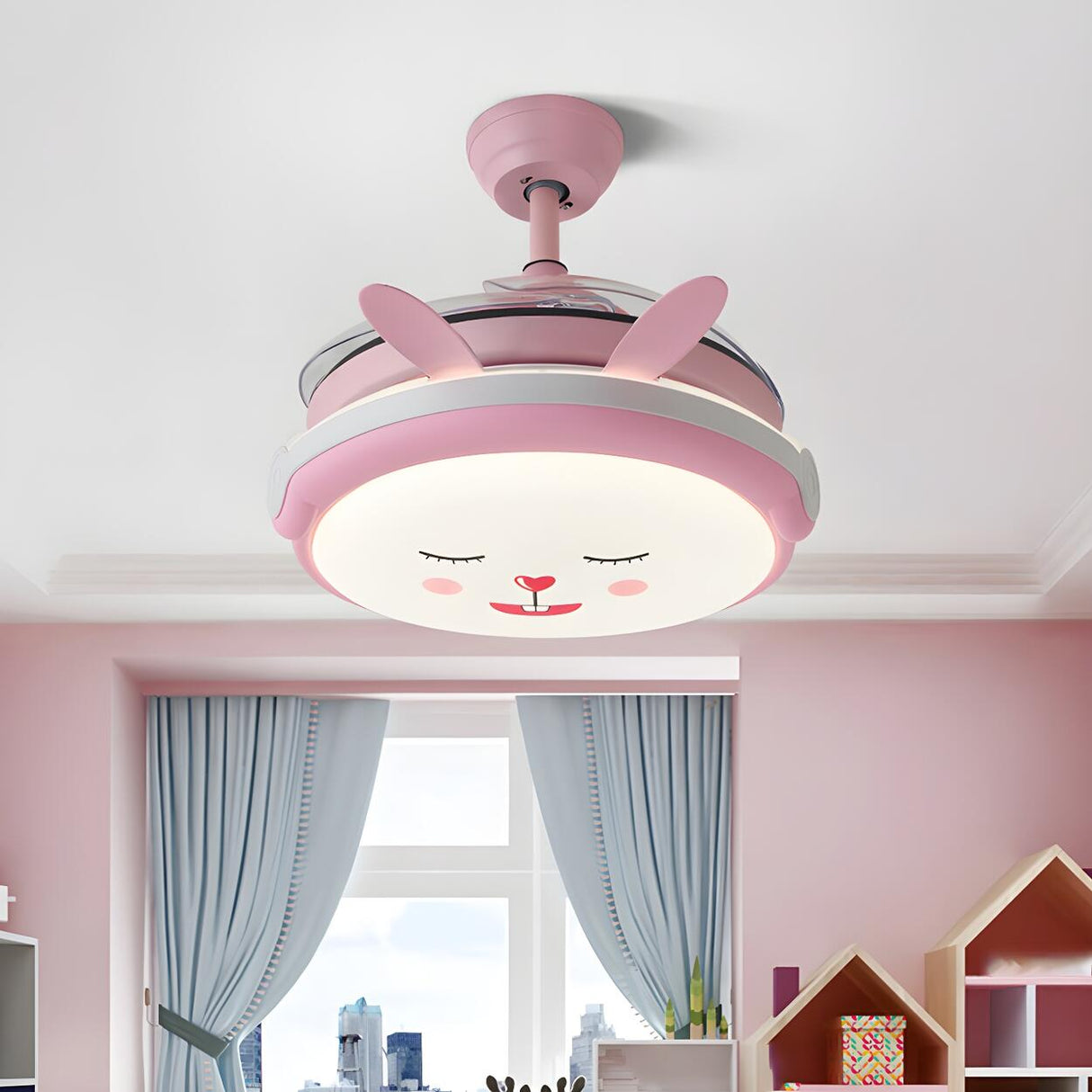 Kids Room Round Cartoon Rabbit LED Ceiling Fan Light Image - 1