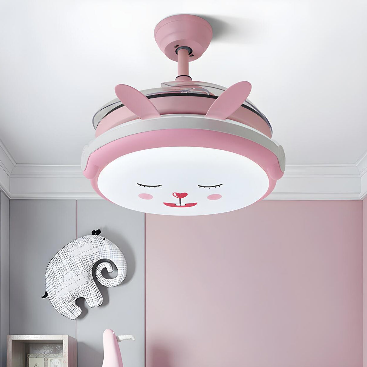 Kids Room Round Cartoon Rabbit LED Ceiling Fan Light Image - 3