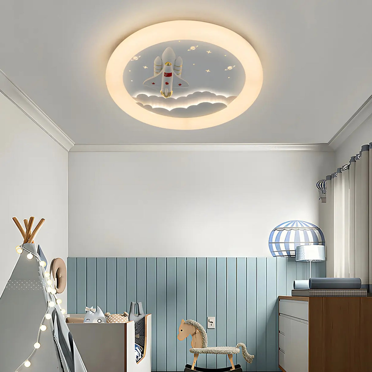 Kids Room Round Rocket Dimmable LED Flush Mount Light Image - 17