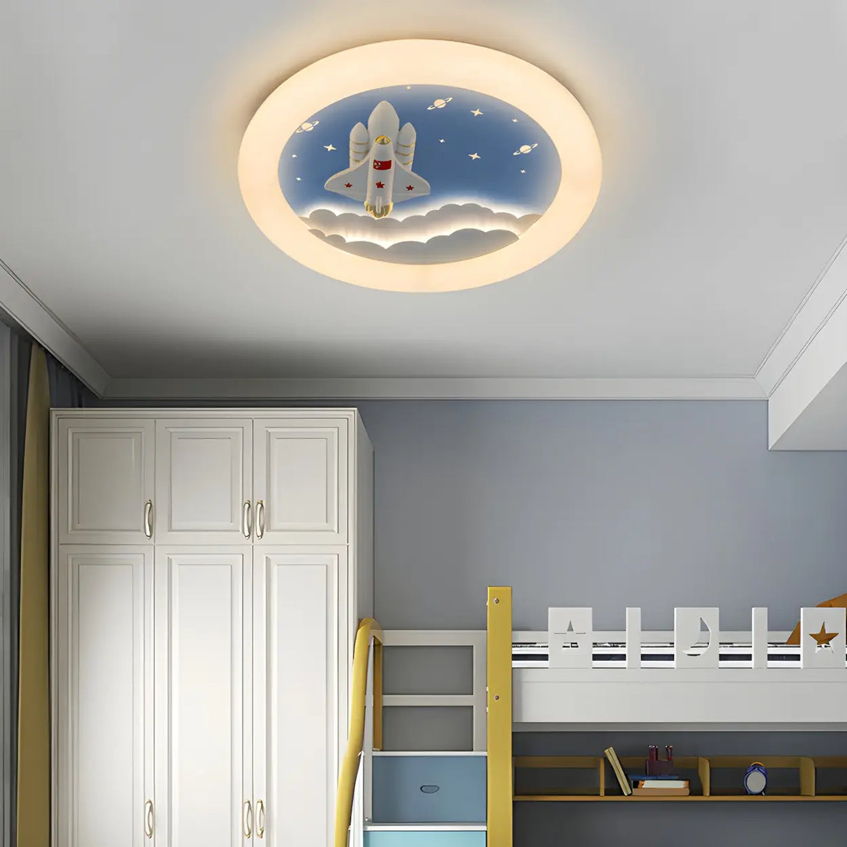 Kids Room Round Rocket Dimmable LED Flush Mount Light Image - 4