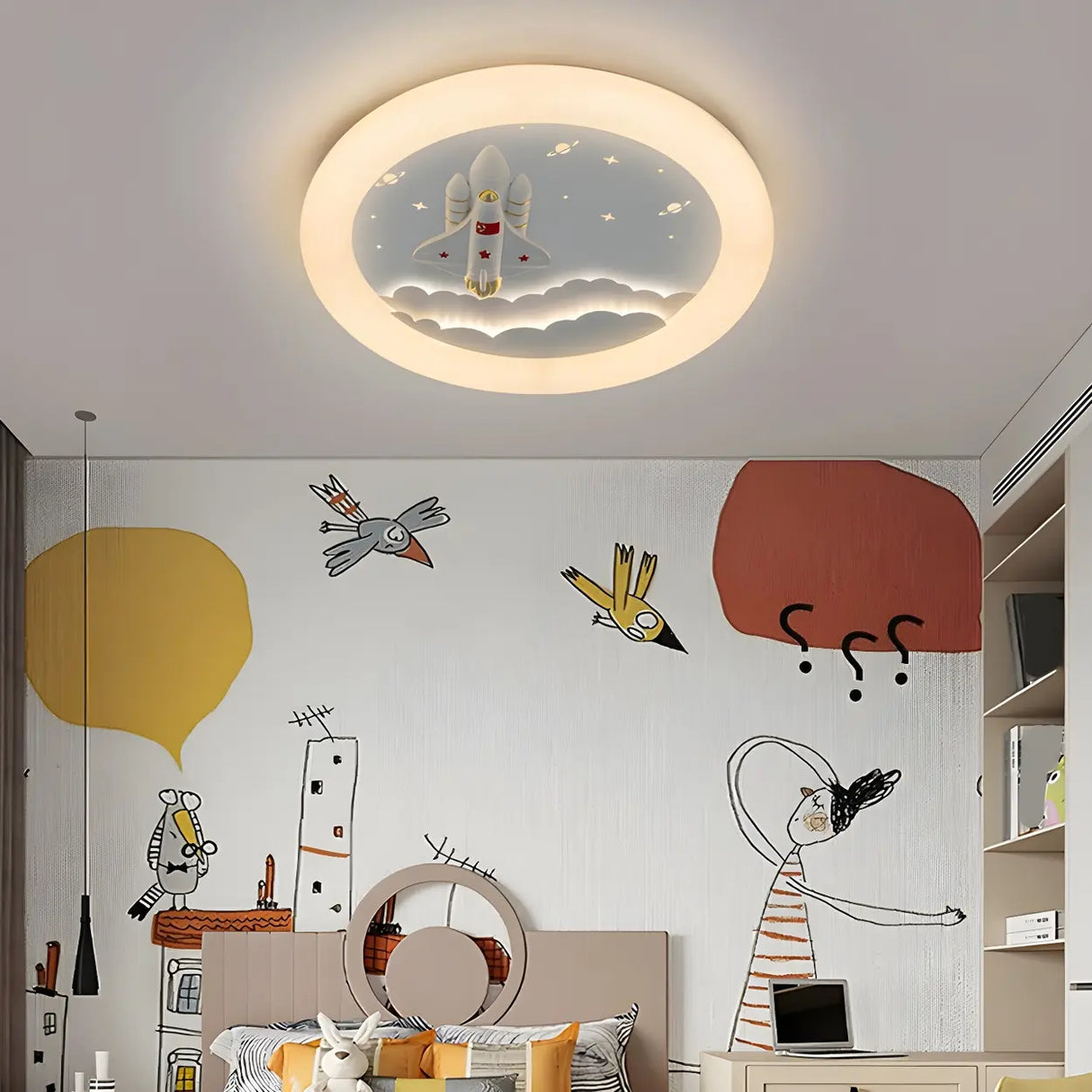 Kids Room Round Rocket Dimmable LED Flush Mount Light Image - 5