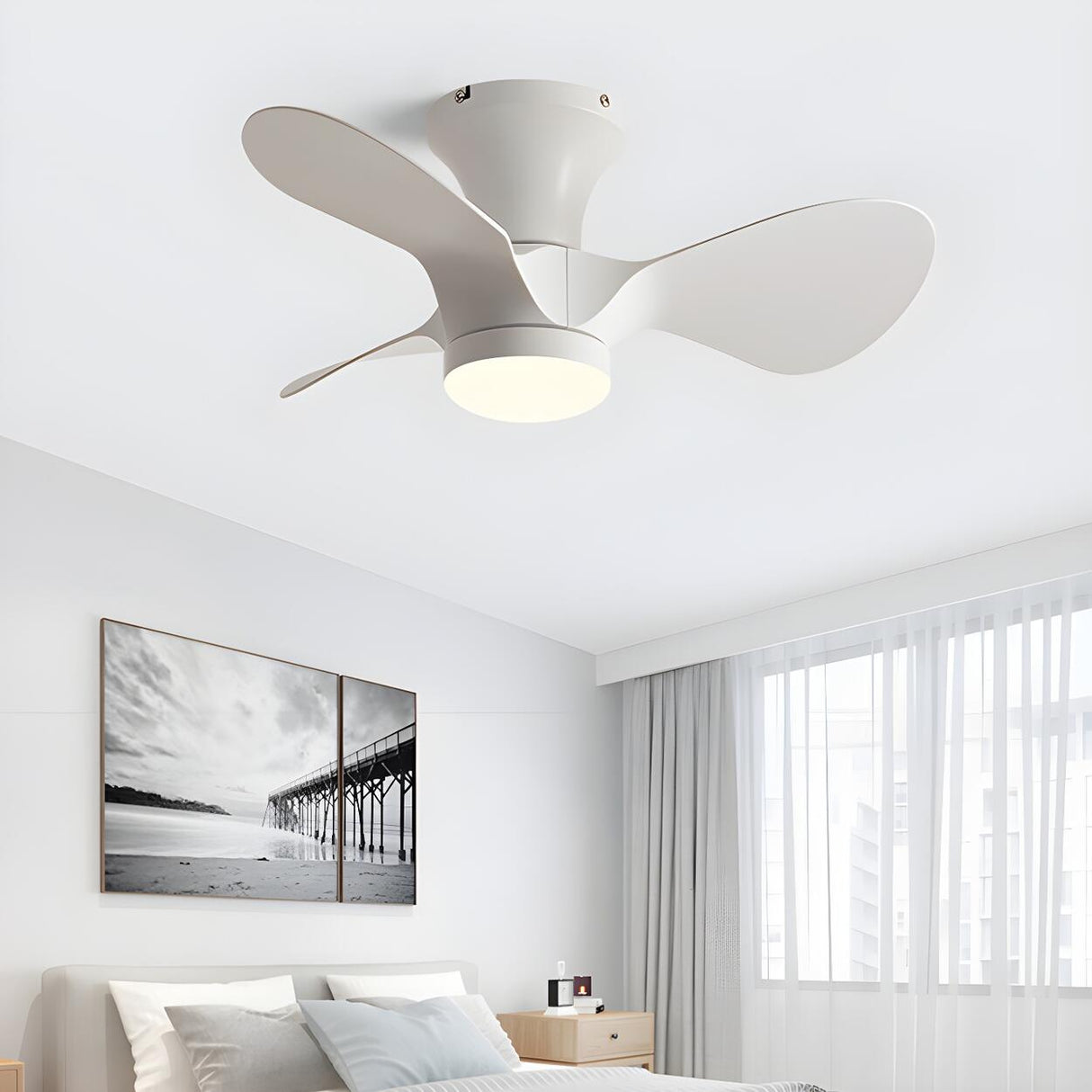 Kids Room Simple 3-Blade Flush Ceiling Fan With Light Image - 8