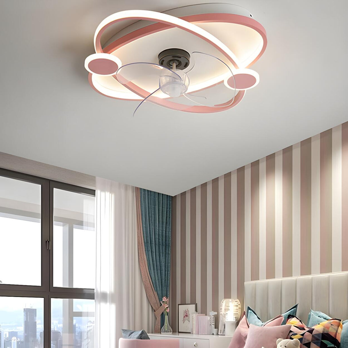 Kids Room Simple Ring Decor Round Ceiling Fan Light Image - 5