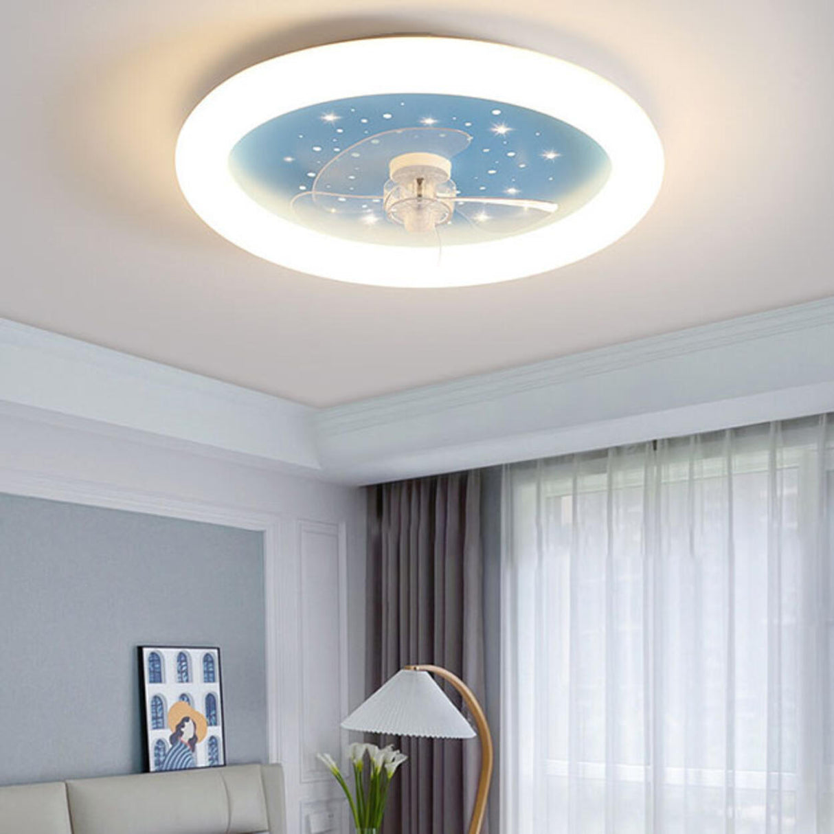 Kids Room Simple Round Starry LED Ceiling Fan Light Image - 15