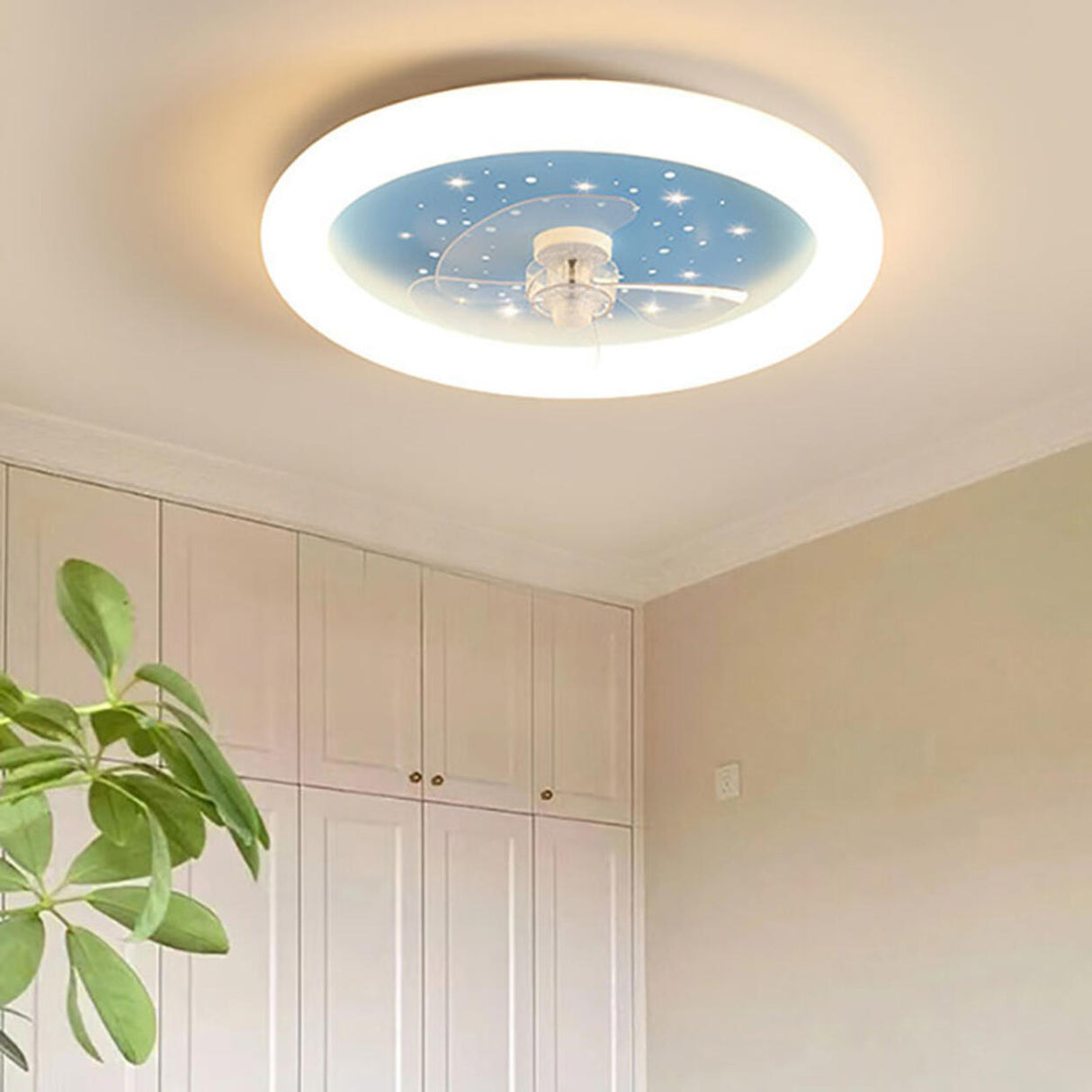 Kids Room Simple Round Starry LED Ceiling Fan Light Image - 2