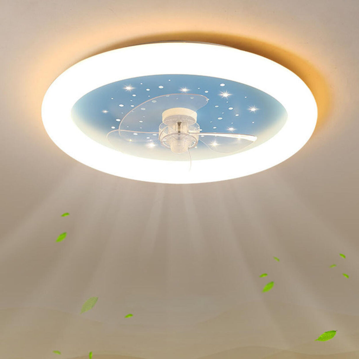 Kids Room Simple Round Starry LED Ceiling Fan Light Image - 8